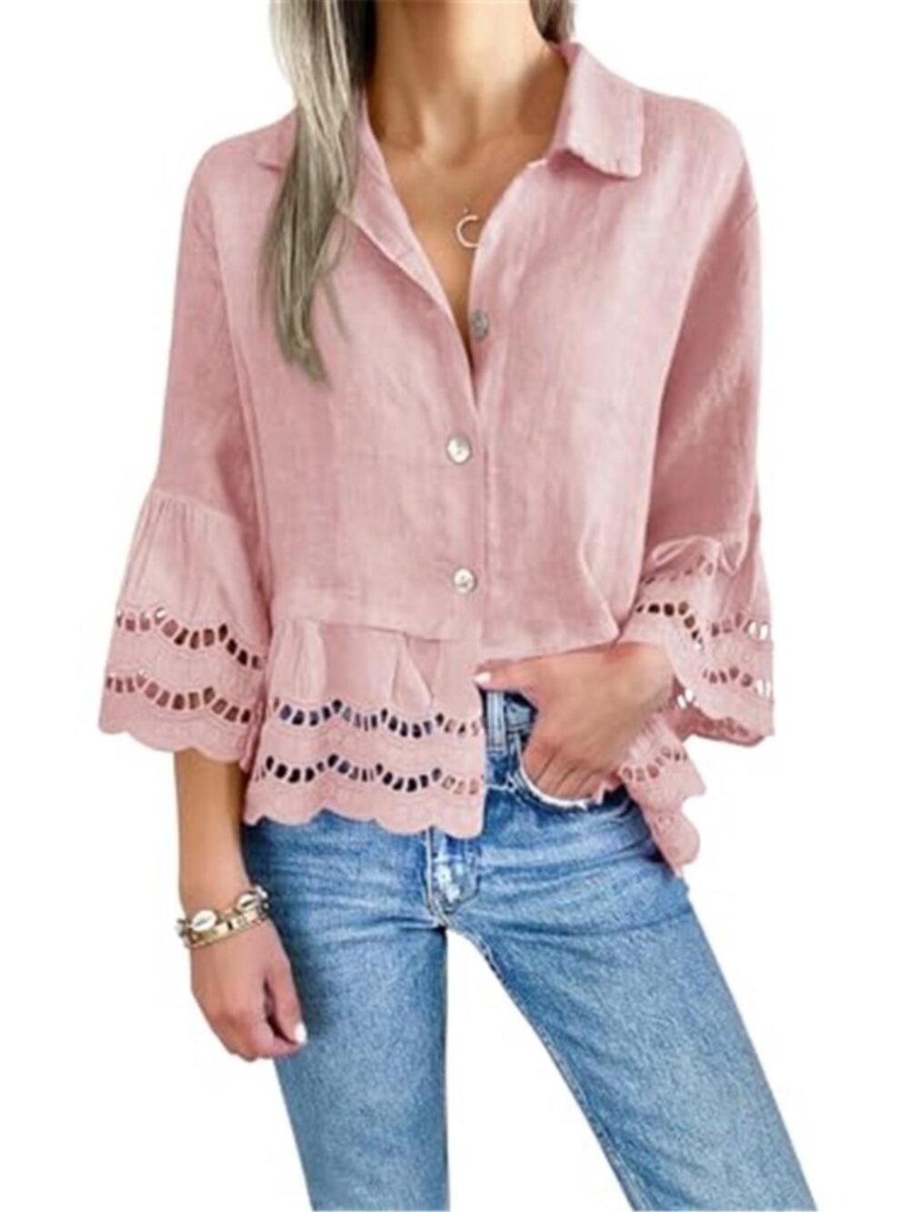 Button Down Blouse 3 4 Sleeve Hollow Lace V Neck Lightweight Cardigan Shirt
